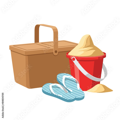 Illustration of a brown picnic basket, red sand bucket with sand, and blue striped flipflops