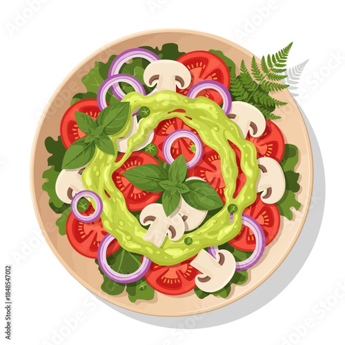 Top view of a fresh vegetarian salad with avocado dressing, sliced tomato, mushroom, red onion, and basil garnish on a plate