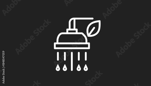 Eco-friendly shower icon with water drops and a green leaf, symbolizing water conservation and sustainable living.