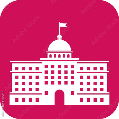 White silhouette icon of a government building with a dome and flag on a solid magenta square background, simple vector graphic