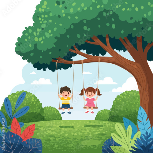 Two happy children, a boy and a girl, enjoying a fun ride on a wooden swing set hanging from a large green tree in a park