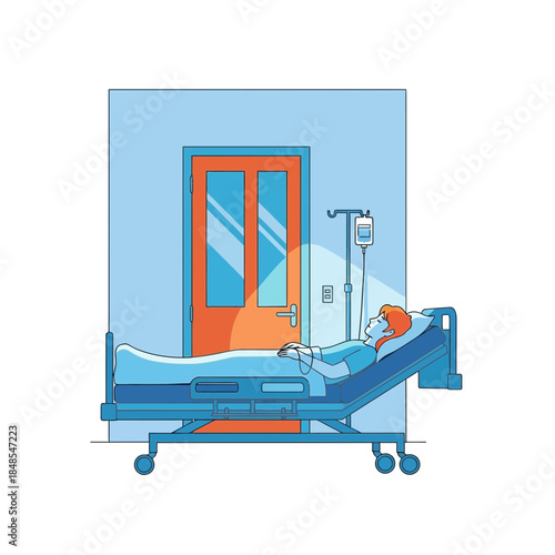 Sick woman patient lying in hospital bed with intravenous drip in room with closed door illustration