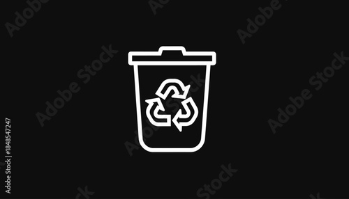 White outline icon of a trash can with a recycling symbol on a black background.
