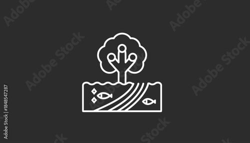 Outline icon of tree and fish in water, representing nature and ecosystem balance.