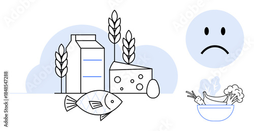 Food allergy concept. Highlighting allergenic foods including dairy, fish, eggs, and grains. Food allergy concerns for health safety, ingredient awareness, and dietary planning. For health