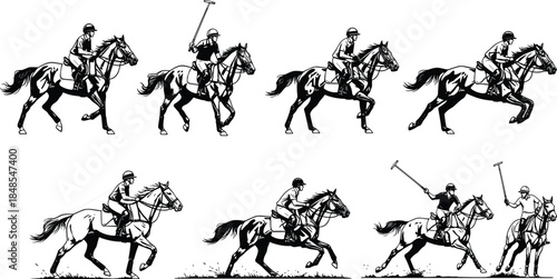 Polo players on horseback galloping, striking, and riding collection, action sports collection, black and white flat vector illustration, set of eight different poses, cad drawing.
