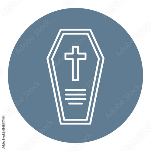Simple line icon of a coffin with a cross symbol inside, representing death, funeral, or burial service concept on a blue circle background