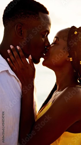 A smiling Black couple sharing an intimate, romantic embrace in warm backlighting