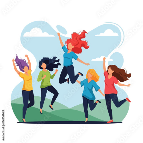 Group of five diverse young women jumping happily together outdoors in a vibrant, joyful illustration