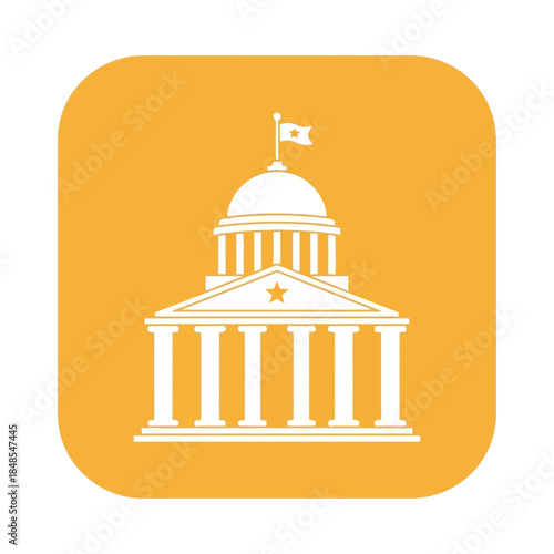 White silhouette of a government building with a dome and columns, representing capitol or courthouse, on an orange square icon