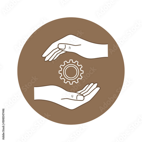 Two hands cradling a gear icon inside a brown circle, symbolizing support, maintenance, or mechanical process management concept