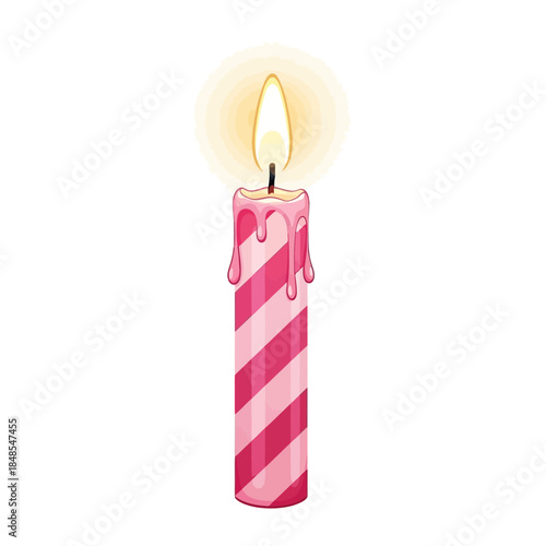 Illustration of a single pink and white striped birthday candle with a bright burning flame