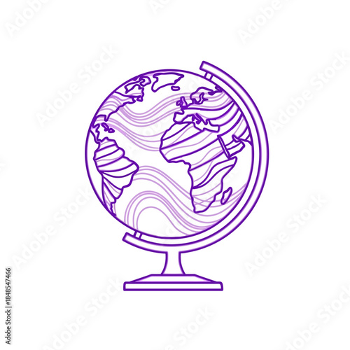 Outline drawing of a stylized earth globe on a stand with wavy lines representing continents and oceans