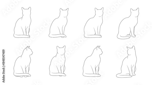 Simple line drawing of eight cats in various seated positions