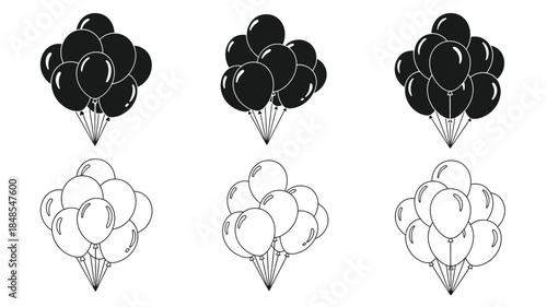 A collection of black and white balloon bunches isolated on a white background