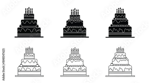 A collection of tiered birthday cakes with candles outlined in black and white