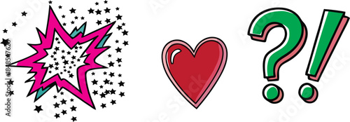 Vibrant vector icon collection dynamic burst, loving heart, and expressive question-exclamation mark combo