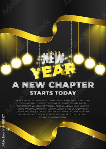 a festive New Year's celebration poster featuring golden decorations and text.