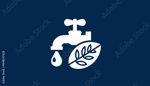 Water faucet with dripping drop and green leaf, symbolizing water conservation and environmental protection.