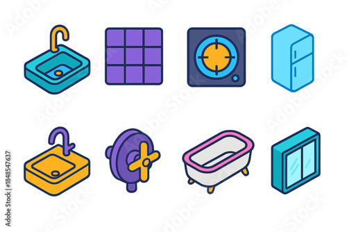 Modern Fixture Icons. Kitchen–bath fixture set isometric flat set: kitchen sink, backsplash tile, cooktop burner, fridge outline, bathroom sink, shower valve, bathtub rim, mirror