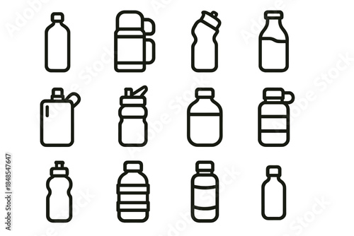 Hydration Gear Icons. Hydration Essentials linear set: metal bottle, insulated thermos, sport sipper, glass vessel, collapsible pouch, straw-top hydrator, screw-cap canteen,