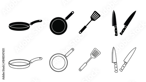 Black and white illustration of kitchen utensils including pans spatulas and knives
