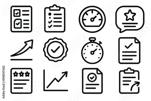 Feedback Icon Collection. Performance Feedback Icons linear set: scorecard page, drill checklist, meter indicator, review comment, progress arrow, check emblem, session timer,