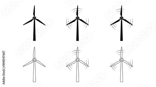 Illustrative depiction of six wind turbines in varying stages of rotation