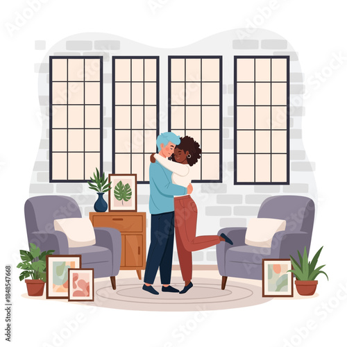Loving interracial couple embracing warmly inside a cozy living room with large windows and comfortable armchairs