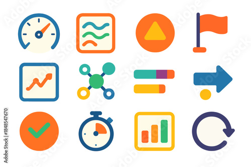 Vibrant Monitoring Icons. Dynamic Monitoring Systems flat set: system pulse gauge, event flow tile, real-time alert ring, anomaly flag bar, performance trend panel, health
