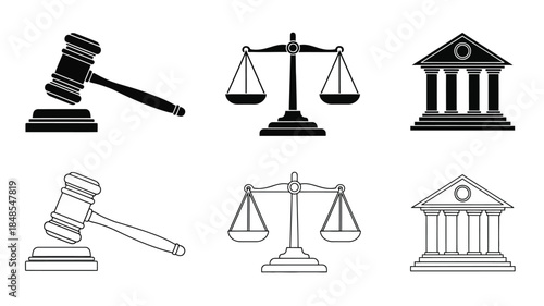 Symbols of justice gavel scales and courthouse illustrations in black and white
