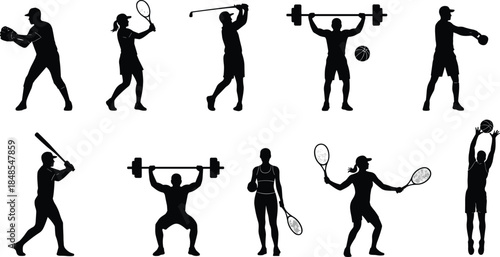 Massive vector collection of diverse male and female silhouettes, featuring sports, fitness, romantic couples, and various standing, action, and communication gestures for graphic design
