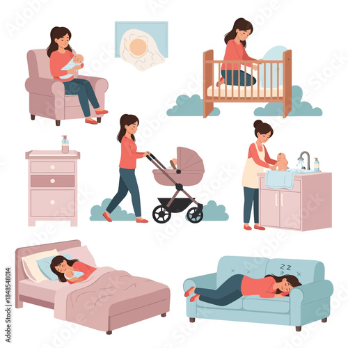 Collection of motherhood scenes showing a mother caring for her baby including feeding, sleeping, bathing, and walking with a stroller