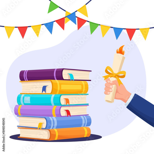 Hand holding diploma with lit candle next to stack of colorful hardcover book for graduation concept illustration