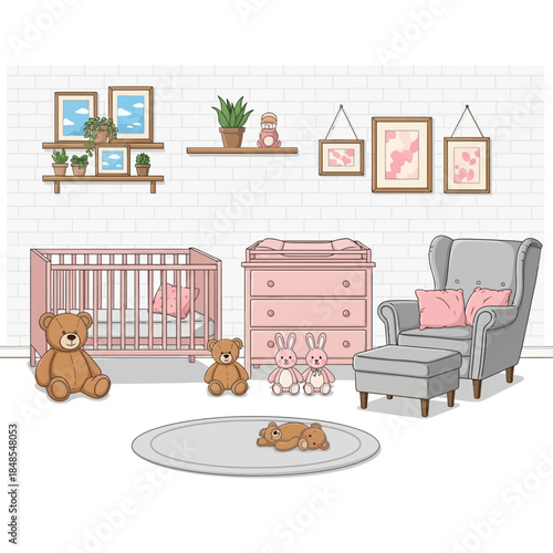 Cozy nursery room interior design with pink crib, changing table, armchair, and teddy bear toys for baby girl