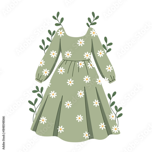 Charming illustration of a light green midi dress adorned with white daisy flowers and surrounded by delicate green foliage