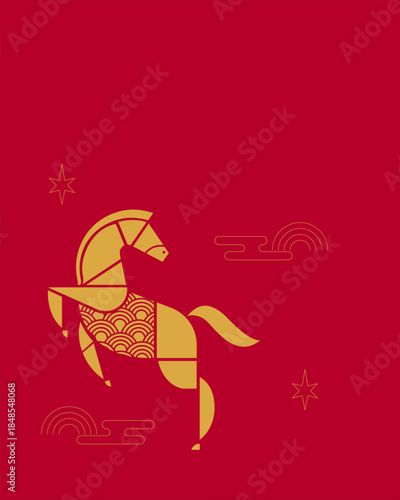 Chinese New Year horse art deco vertical poster vector