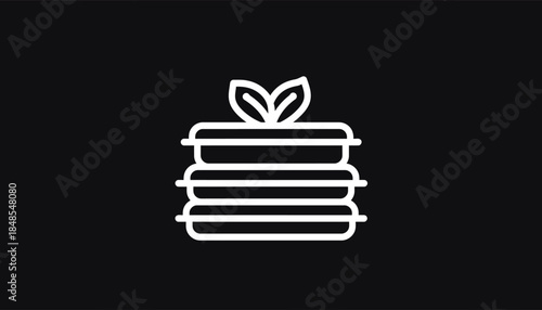 Minimalist white line art icon of a stack of pancakes with a small leaf garnish on a dark background, representing breakfast or a healthy meal.