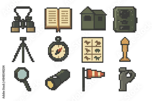 Animal Watching Gear Icons. Animal Watching Gear set of icons in flat pixel vector style: binocular strap, field journal, portable hide, camera trap, folding tripod, navigation