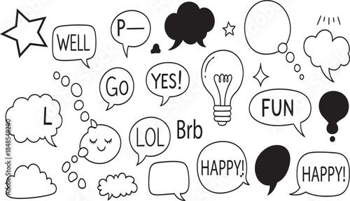 Hand-drawn Doodle Speech Bubbles Vector Set - Comic Chat Elements and Talk Balloons Collection for Graphic Design Projects