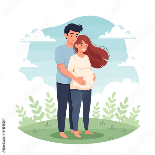 Happy couple expecting a baby standing together outdoors in a green field with gentle clouds in the sky