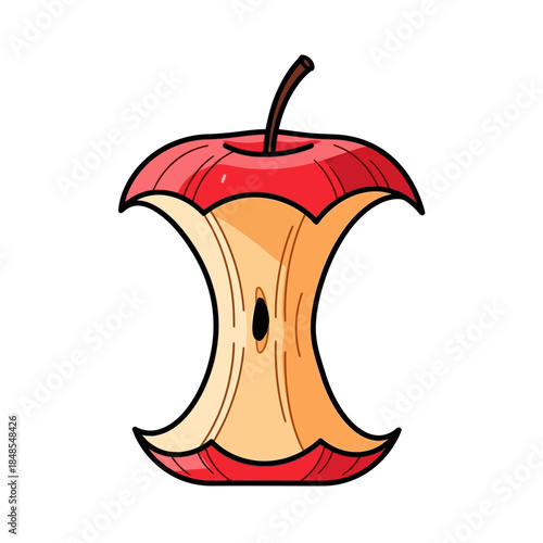 Cartoon illustration of a red apple core with a brown stem