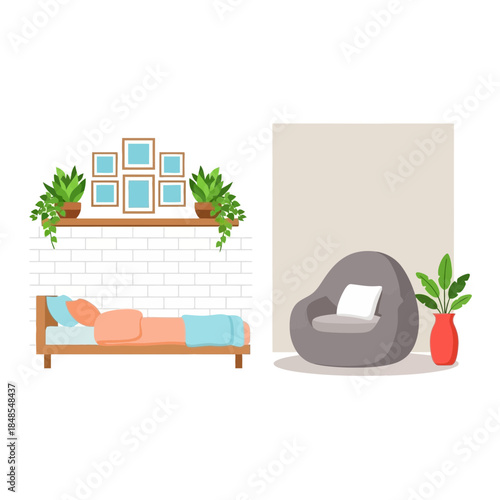 Cozy bedroom interior design with bed, picture frame arrangement on shelf, and comfortable bean bag chair