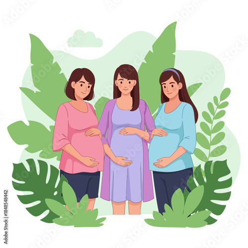 Three happy pregnant women standing together surrounded by lush green tropical plant leaf illustration for maternity concept