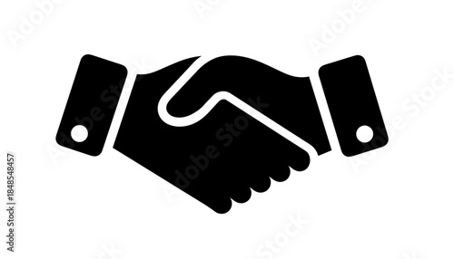 Black and white handshake icon representing agreement, partnership, and successful business deal completion.