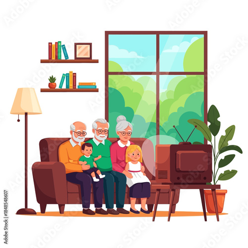 Happy multigenerational family sitting together on a couch watching an old television set in a cozy living room setting