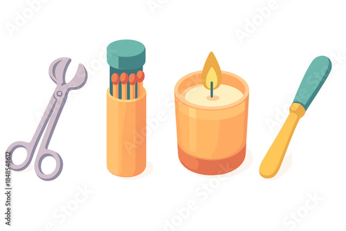 Candle Tools Icons. Home Candle Tools flat isometric set: wick cutter, match holder tube, wax smoothing spatula.