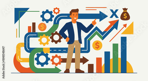 Flat vector illustration of an entrepreneur planning business strategy, abstract roadmap and growth symbols, clean geometric composition, solid colour palette, flat vector illustration