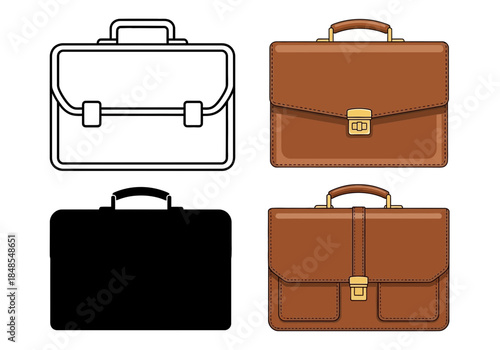 Set of four briefcase icons and illustrations in outline, solid black, and brown leather color variations