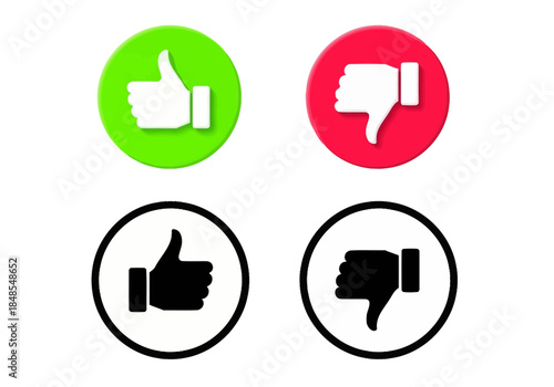 Set of four like and dislike icons showing thumbs up and thumbs down in green, red, and black and white variations